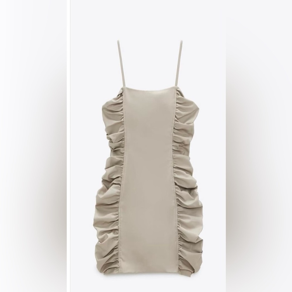 beige zara ruched faux leather dress.